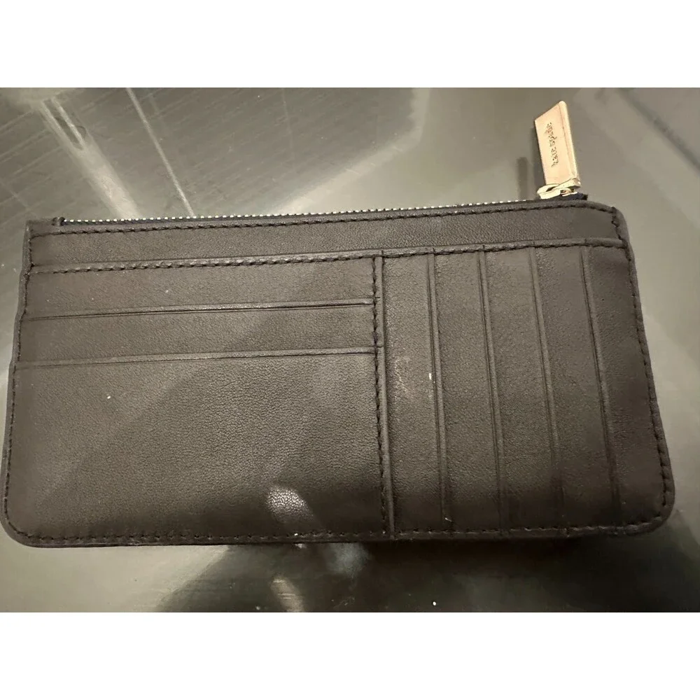Kate Spake Natalia Black Quilted Leather Large Slim Card Holder Zip Coin Pouch